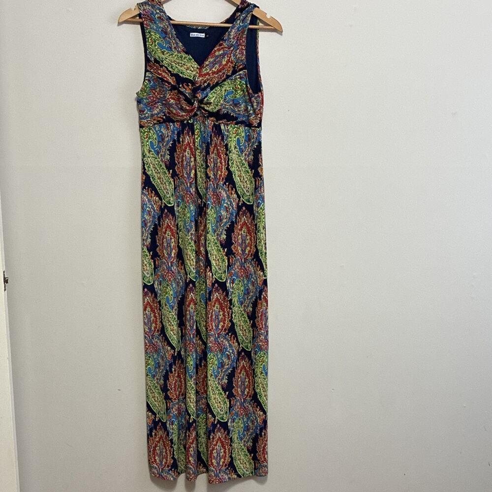 Blue Sea Blue Paisley Maxi Dress Large Bohemian Festival sleeveless V-neck Long